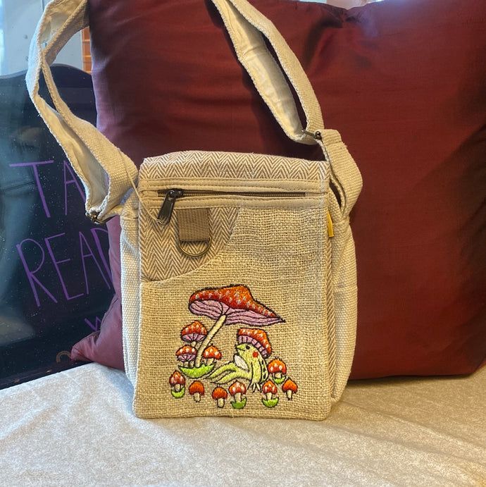 Cosmic Maya beige side bag - mushroom and frog embroidery